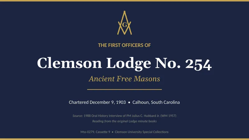 Title slide: The First Officers of Clemson Lodge No. 254, Ancient Free Masons. Chartered December 9, 1903, Calhoun, South Carolina. Source: 1988 oral history interview of PM Julius C. Hubbard Jr., Clemson University Special Collections.