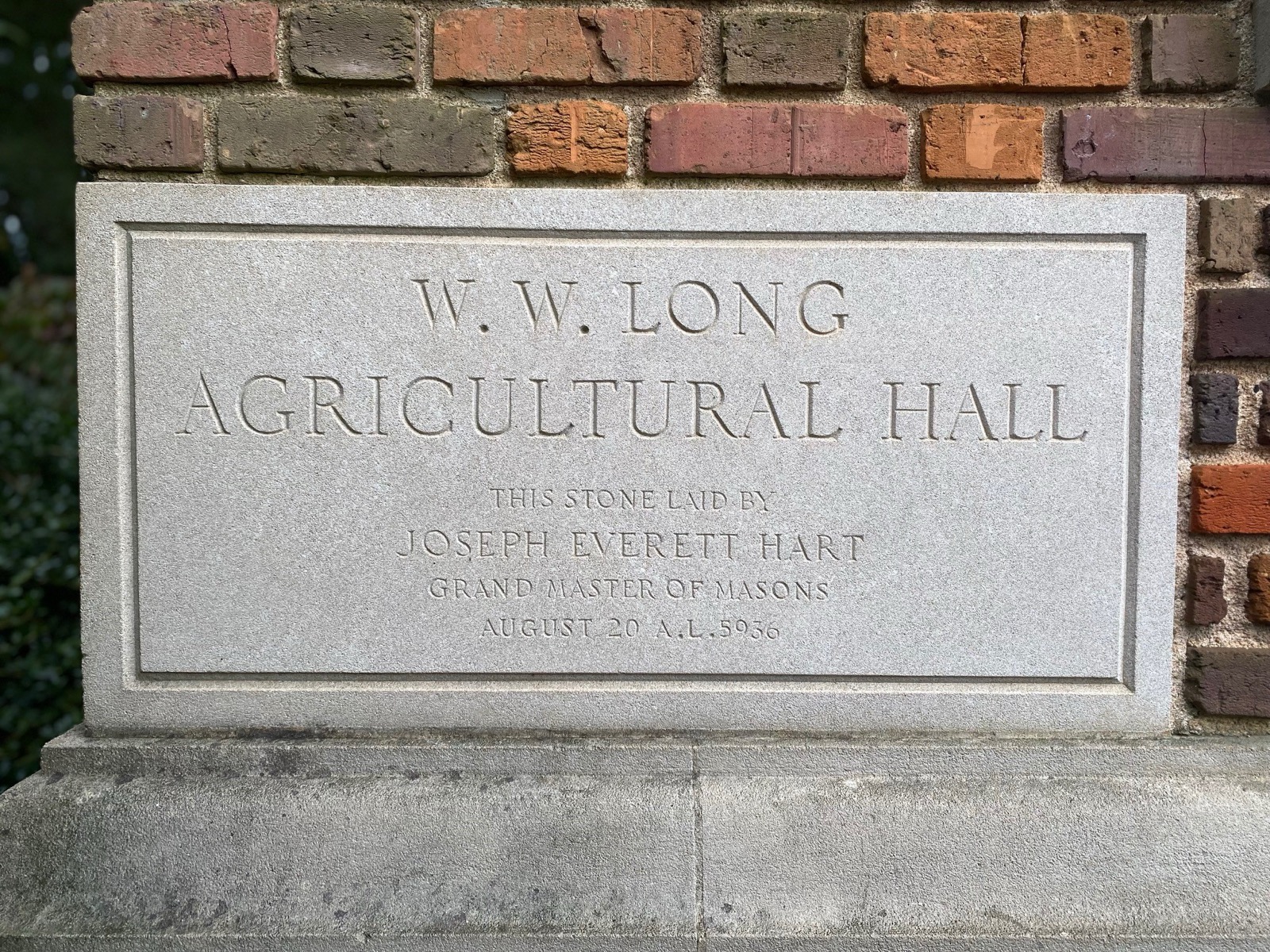Masonic cornerstone on Long Hall