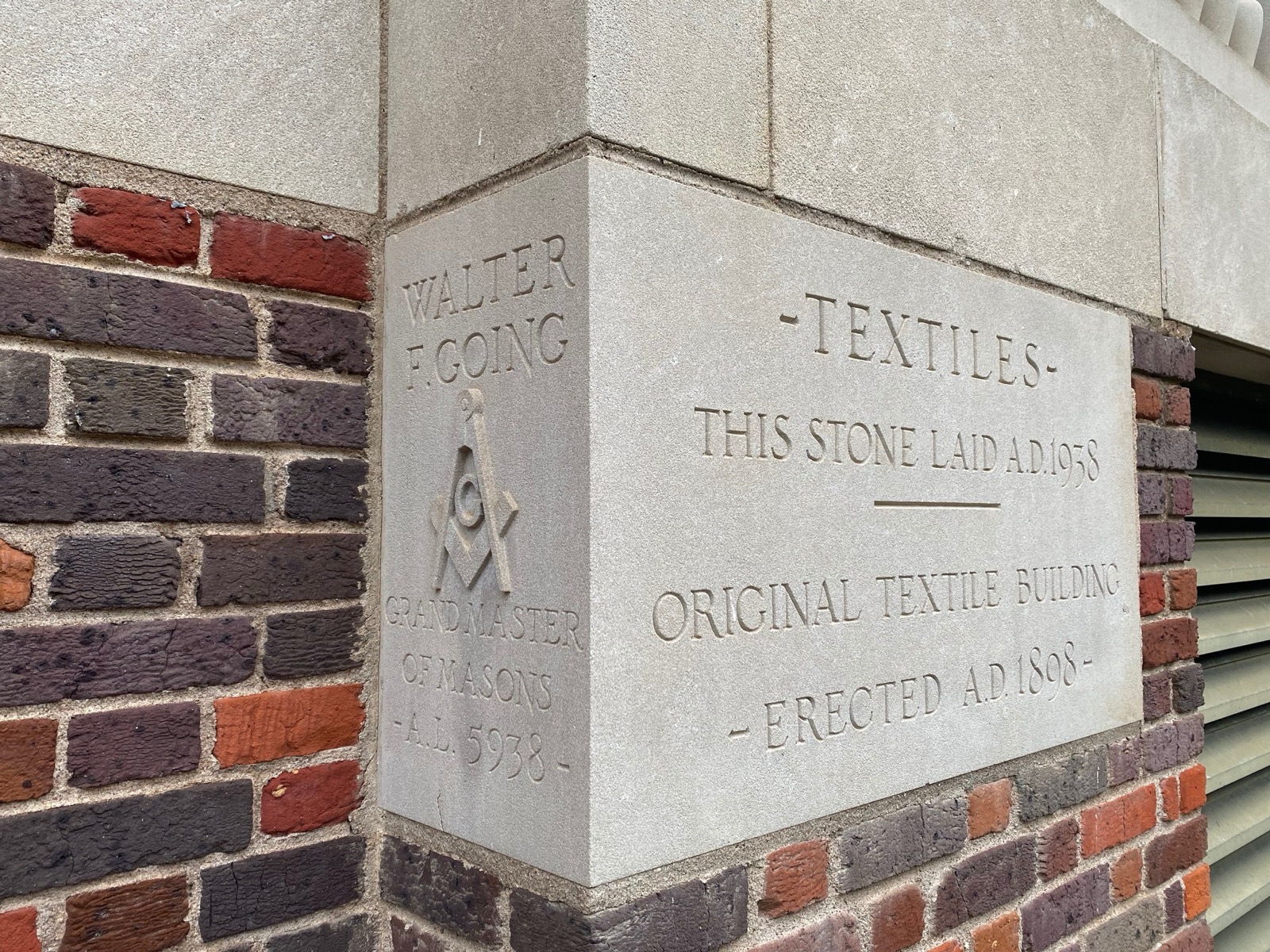 Masonic cornerstone on Sirrine Hall, laid 1938